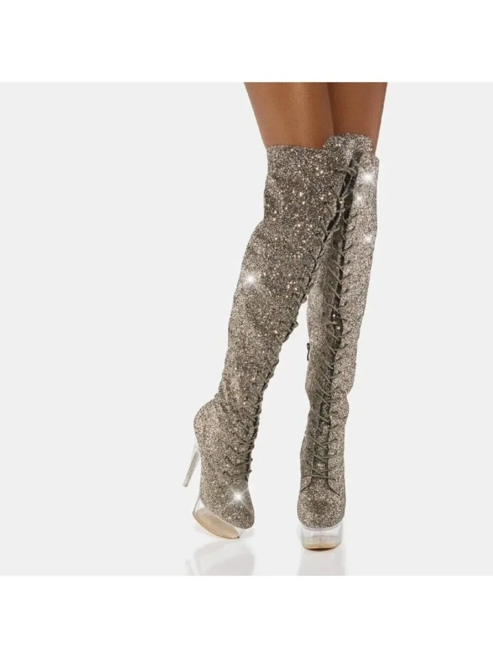 Bulls Silver Glitter Lace Up OTK Platform High Heel Thigh Boot